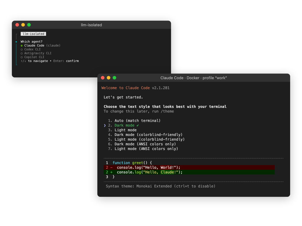 The llm-isolated agent menu and Claude Code starting inside Docker