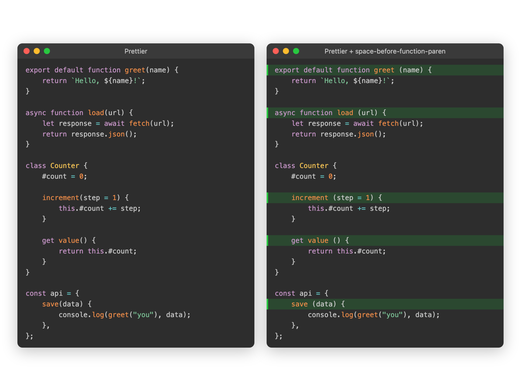 The same code formatted by Prettier without and with the plugin