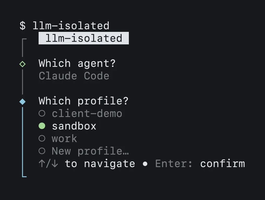The llm-isolated menu in a terminal: Claude Code is the agent, and the sandbox profile is selected