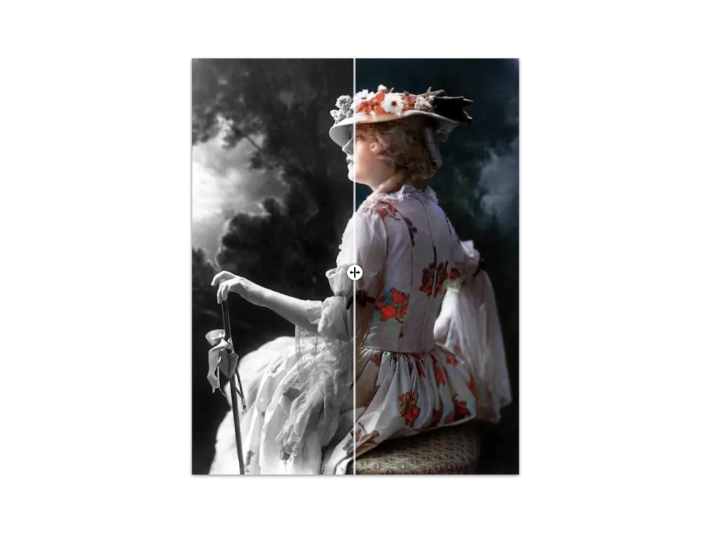 A Before–After widget: a slider splits a black-and-white portrait from its colorized version