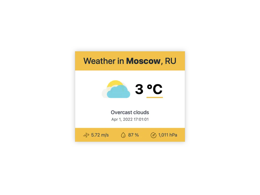 A Weather widget for Moscow: 3 °C, overcast clouds, with wind, humidity, and pressure