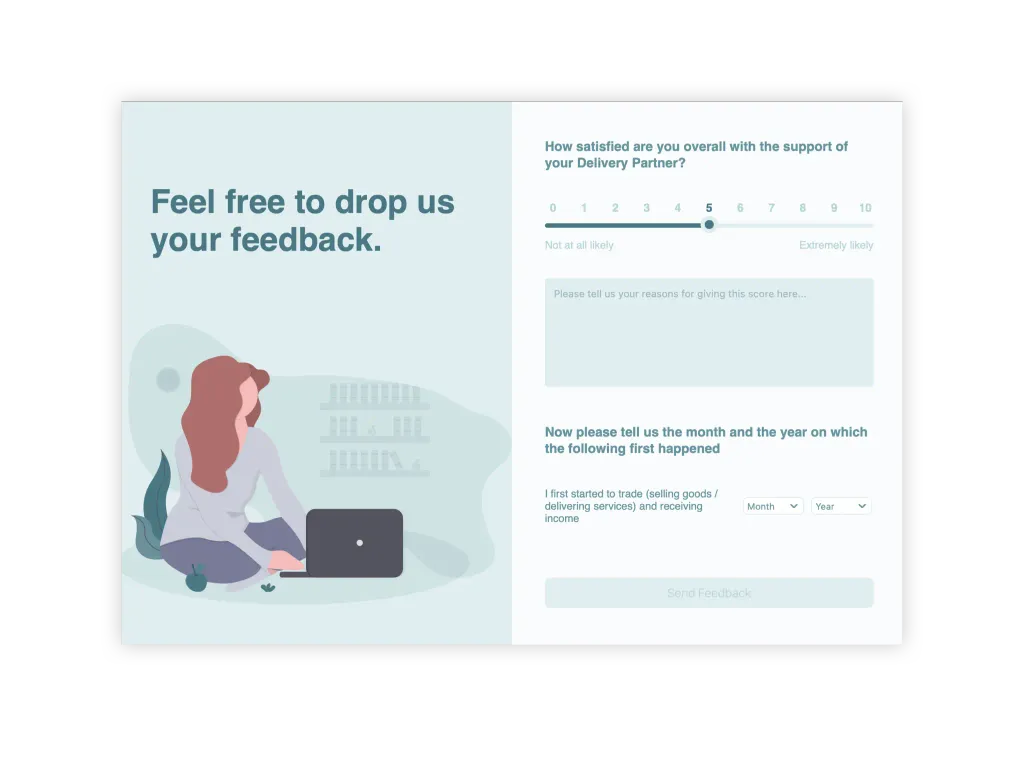 A Feedback Form widget: a satisfaction scale from 0 to 10, a comment field, and month and year selects
