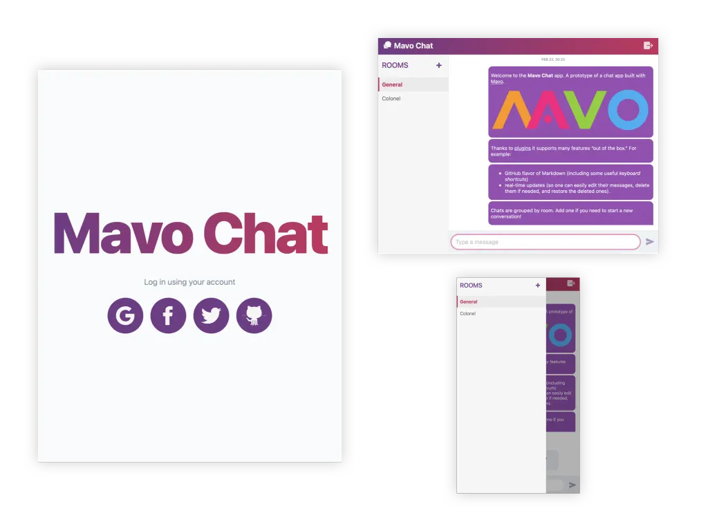 The Mavo Chat sign-in screen, and a chat room with messages on a desktop and a phone