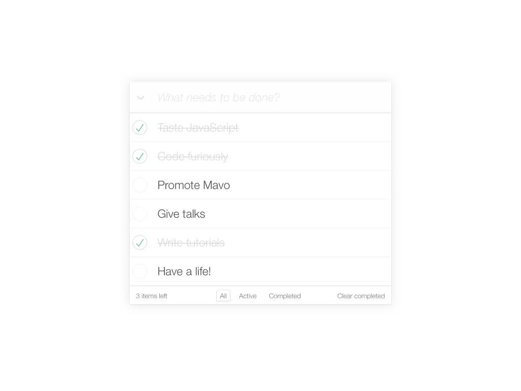 A TodoMVC list of six tasks, three done, with the All, Active, and Completed filters
