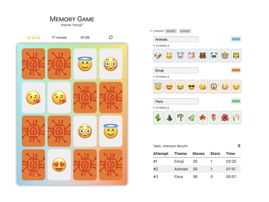 A Memory Game board mid-game, with emoji pairs, and its theme editor and results table beside it