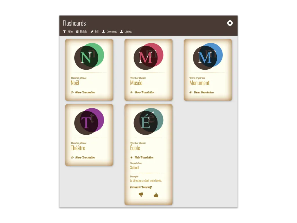 Five French flashcards in the Flashcards app, one turned to show its translation and an example