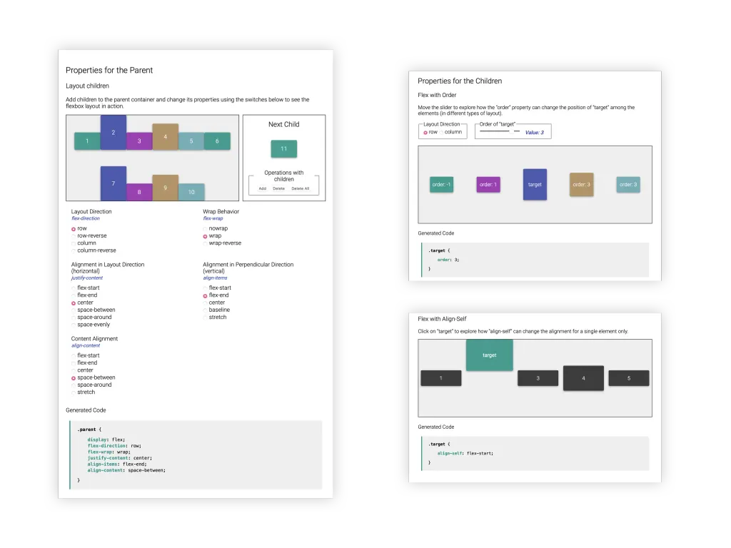 The Flexbox Playground: switches for the parent’s flex properties, the boxes they lay out, and the generated CSS