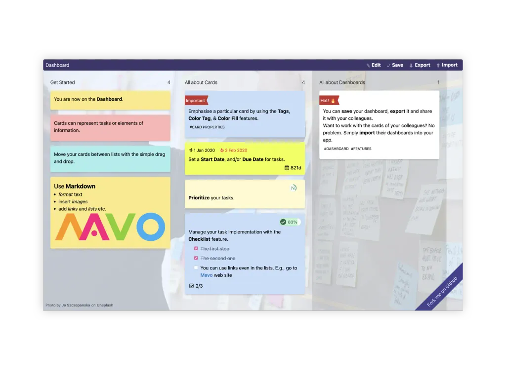 A Project Manager dashboard with color-coded cards in three lists: tags, due dates, and a checklist