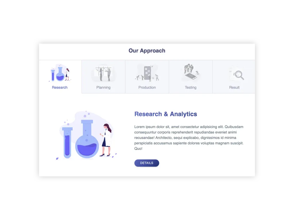 A Tabs widget with five illustrated tabs, the Research tab open